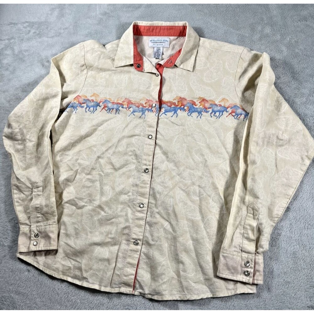 Vintage Wrangler Western Blues Women's Horse Print Pearl Snap Shirt Size L